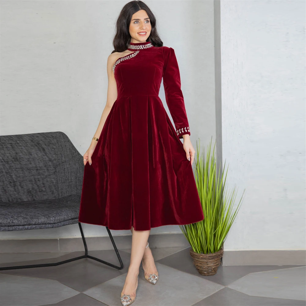 

Elegant Halter Burgundy A-Line Velour Beading Prom Dress for Women Tea-length Evening Party Gown Formal Dresses فساتين السهرة