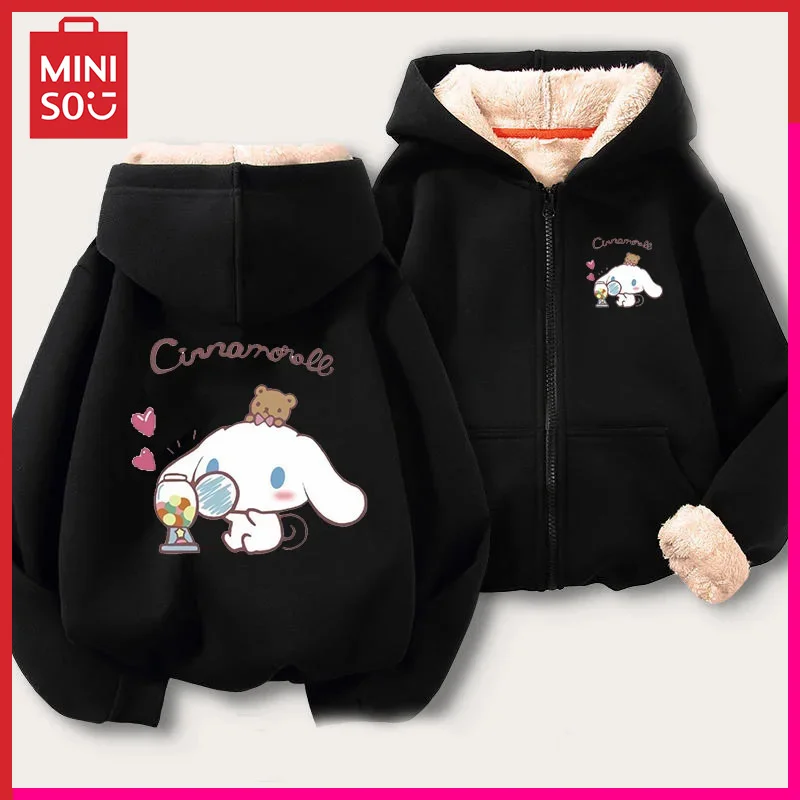 

Miniso Original Sanrio Children Cartoon Cinnamoroll Cashmere Thicken Hoodie Anime Kuromi Winter Warm Parent-Child Clothing