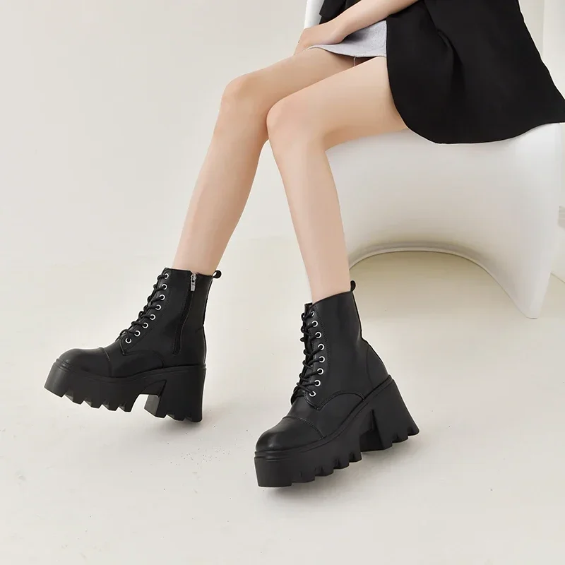 2024 Winter Plus Size Schuhe für Frauen Seite Reiß verschluss Damen Stiefeletten Plattform Square Heel Damen Stiefel Schnürschuhe weiblich – Detail 9