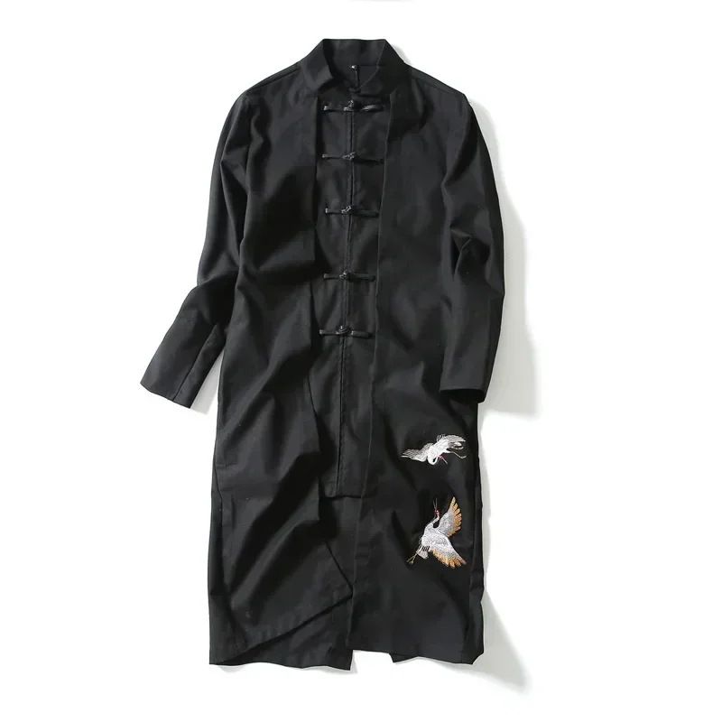 New Men's Linen Embroidery Crane Coat Kimono Vintage Long Gown Jacket Chinese Style Loose Male National Streetwear