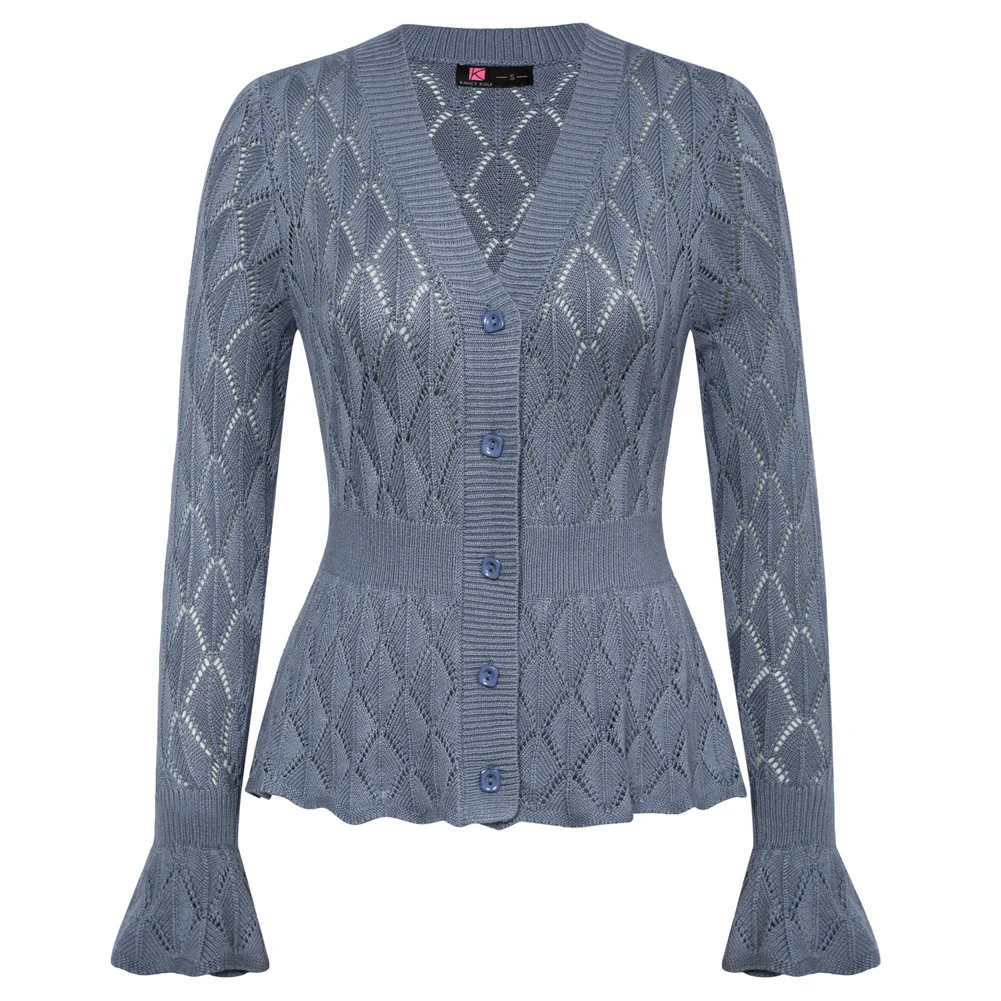 KK 여성용 할로우 아웃 가디건, 긴팔 슬림핏, V넥, 신축성 허리, 단색 캐주얼 스웨터, 레이디 컴포트 스트리트웨어