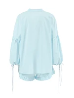 Casual Solid Color Slim Fit Two-piece Set Drawstring Long Sleeve Top & Ruffle Hem Elastic Waist Shorts Outfits - Image 5
