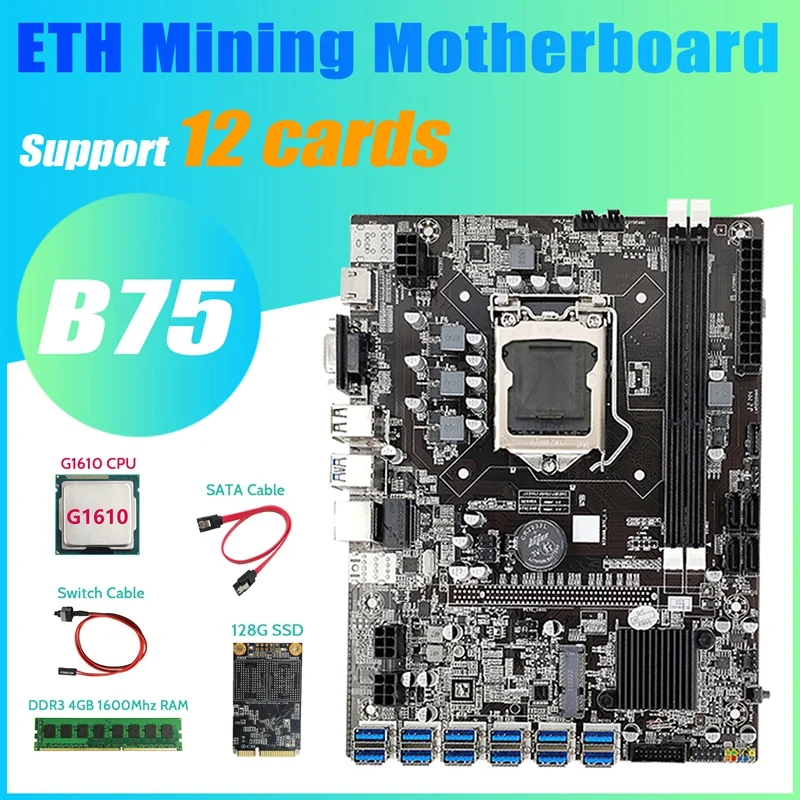 Scheda madre B75 BTC Mining 12 PCIe a USB+G1610 CPU+DDR3 4GB 1600Mhz RAM+12 Y8Q4 