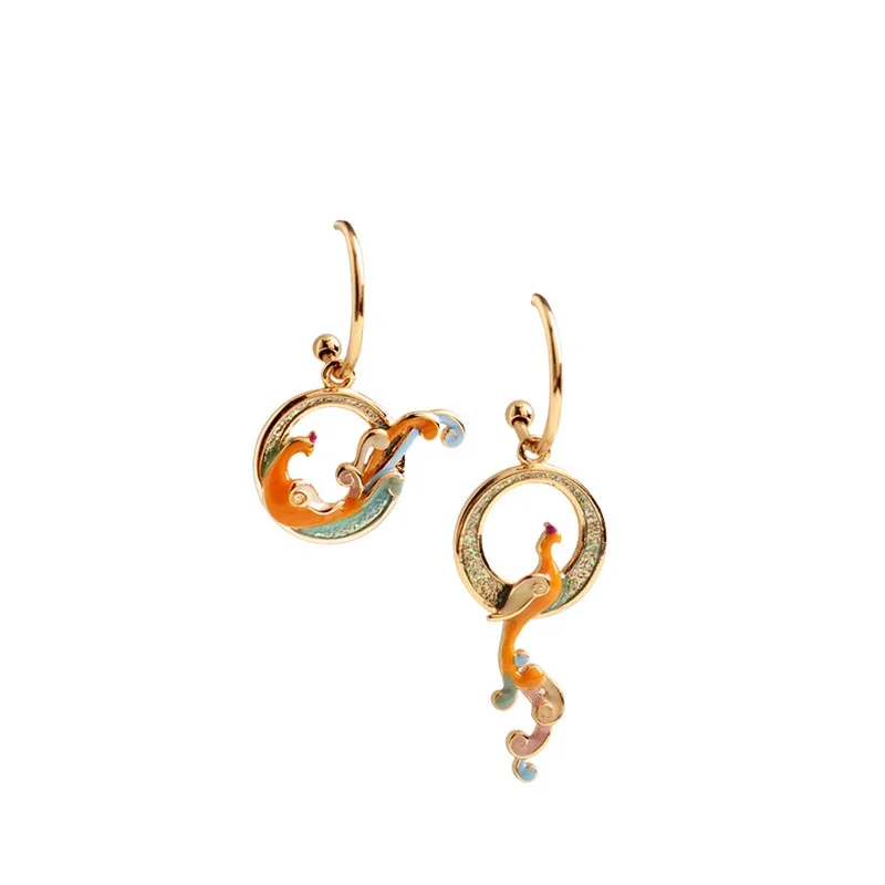 Chinese Style Vintage Enamel Copper Alloy Gild Asymmetric Phoenix Earrings for Women Jewelry Hanfu Party Girlfriend Gift