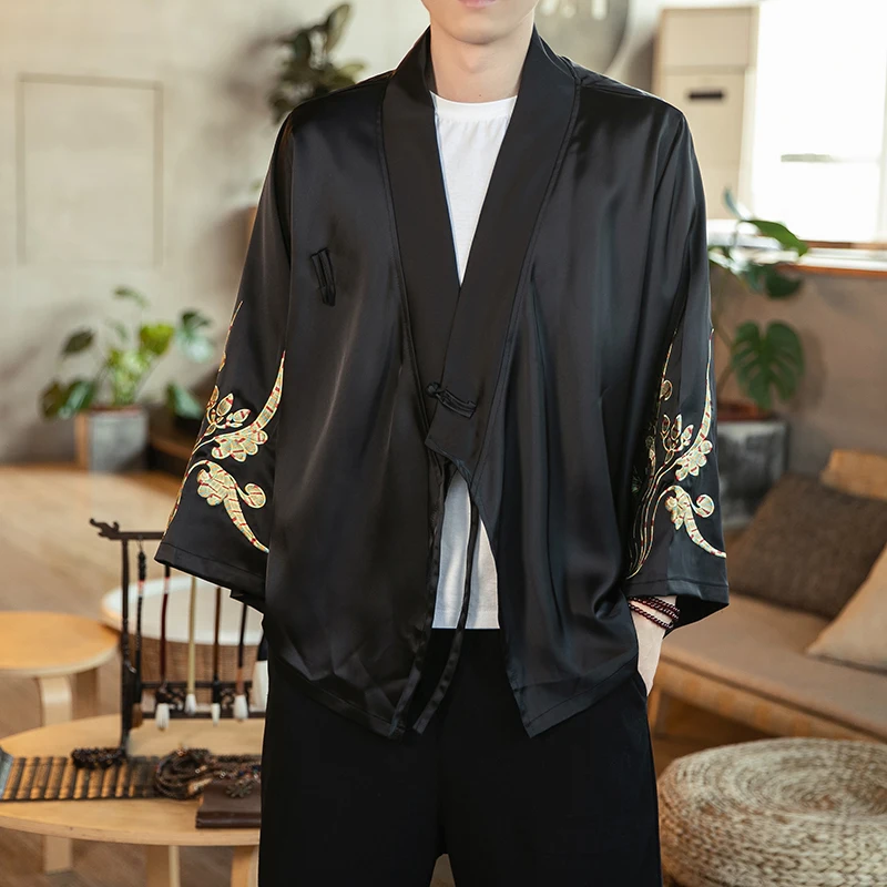 Haute Hanfu 남성용 중국 스타일 빈티지 탑, 시니시즘 탱 슈트, 다도 캐주얼 가디건 케이프 코트, 가을