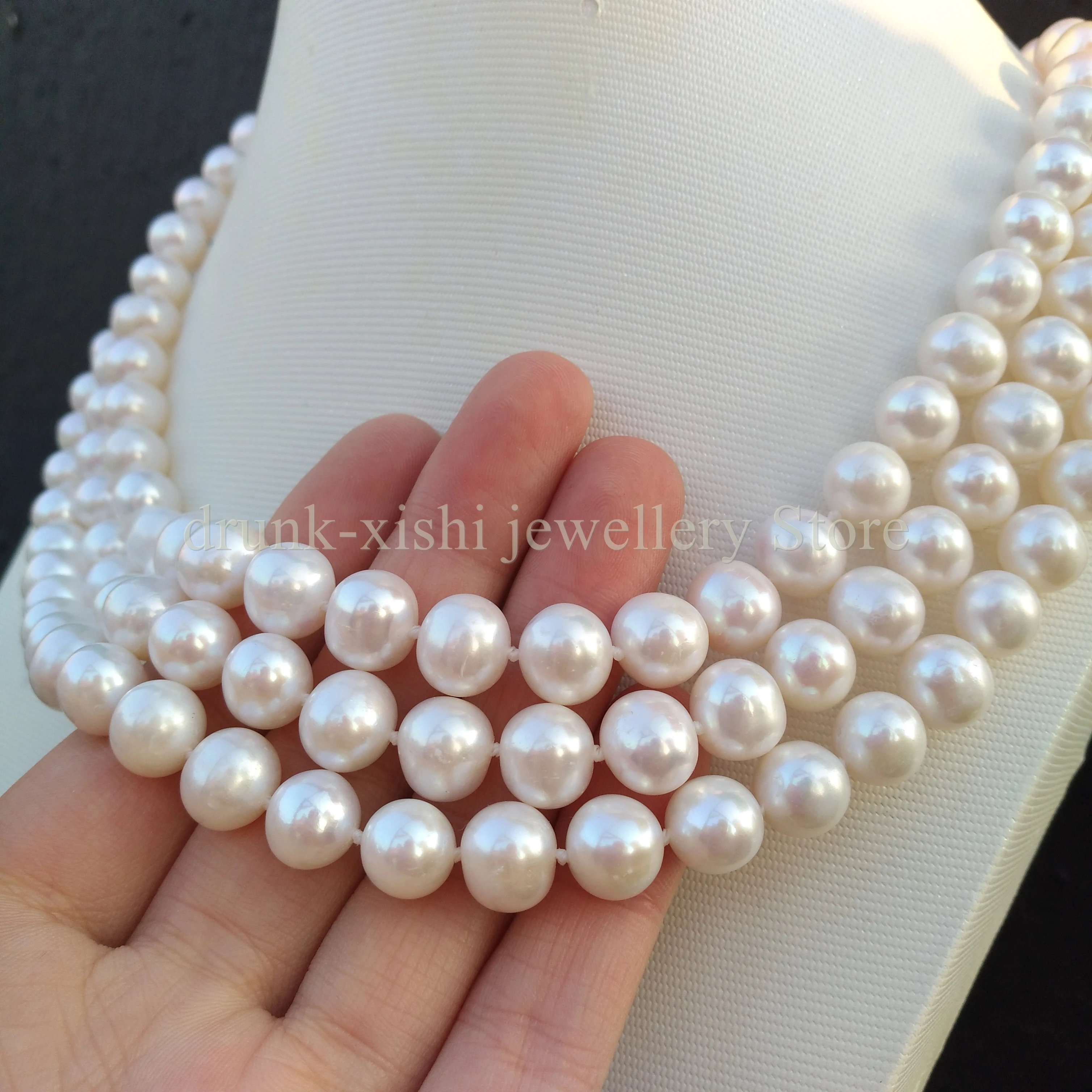 

18-20in Princess Length Natural Akoya Triple Strand 3 Rows White 8-9mm Near Round Real Pearl Beads Necklace Free Shipping