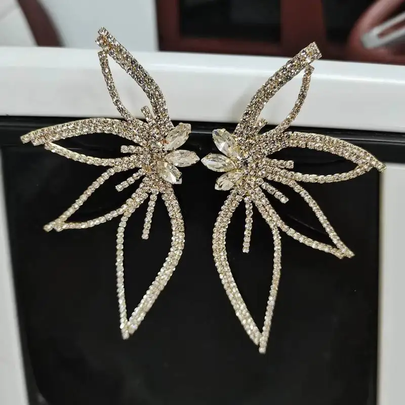 Shiny Rhinestone Big Leaf Flower Women's Dangle Earrings Dinner Wedding Party Fashion Luxury Jewelry Statement Earings Accessories