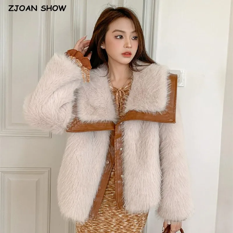 

2023 Winter Spliced Faux Leather Large Lapel Hairy Shaggy Fox Faux Fur Coat Women Full Sleeve Keep Warm Jacket Loose Outerwear