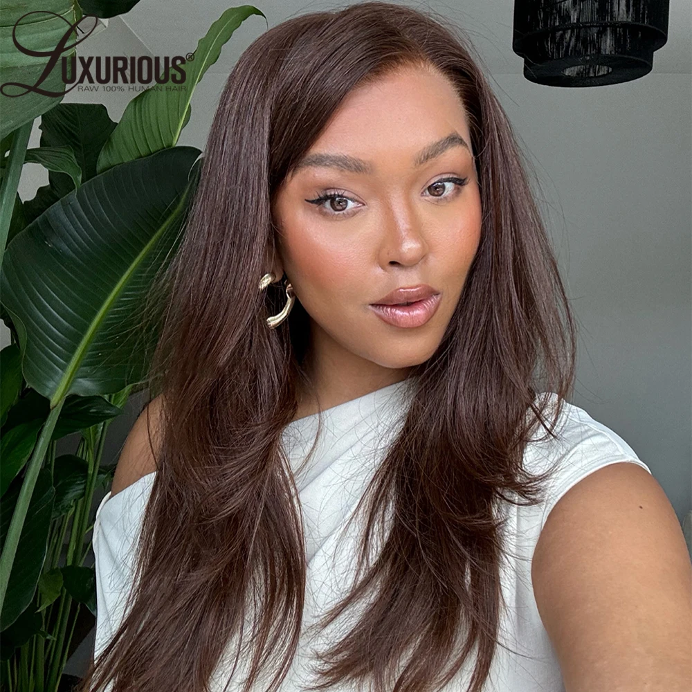 Layered Pre Cut Lace Front Wig Pre Plucked Brazilian 13x4 Lace Frontal Human Hair Wigs For Women Chestnut Brown Colored Wig 180%