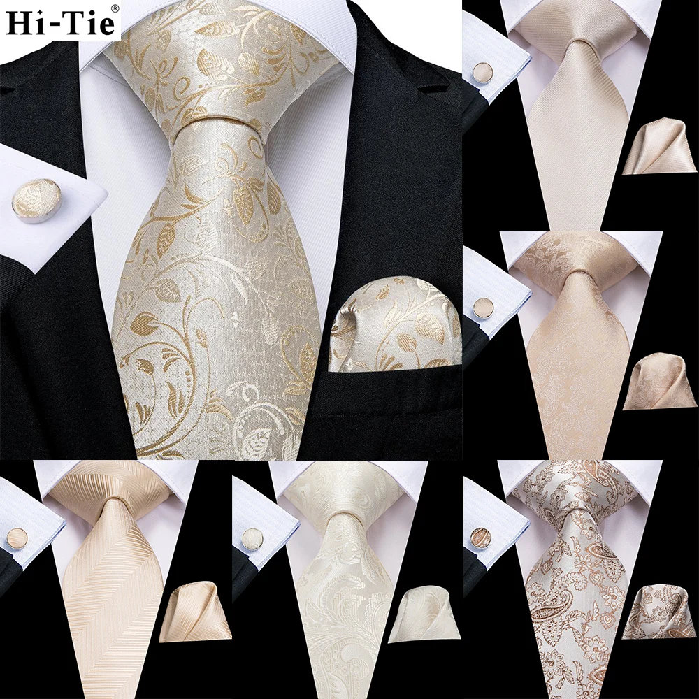 Hi-Tie цвета шампань бежевый цветочный дизайнерский Шелковый Свадебный Никки для мужчин Hanky запонки подарок мужской галстук Набор Бизнес вечерние Прямая поставка