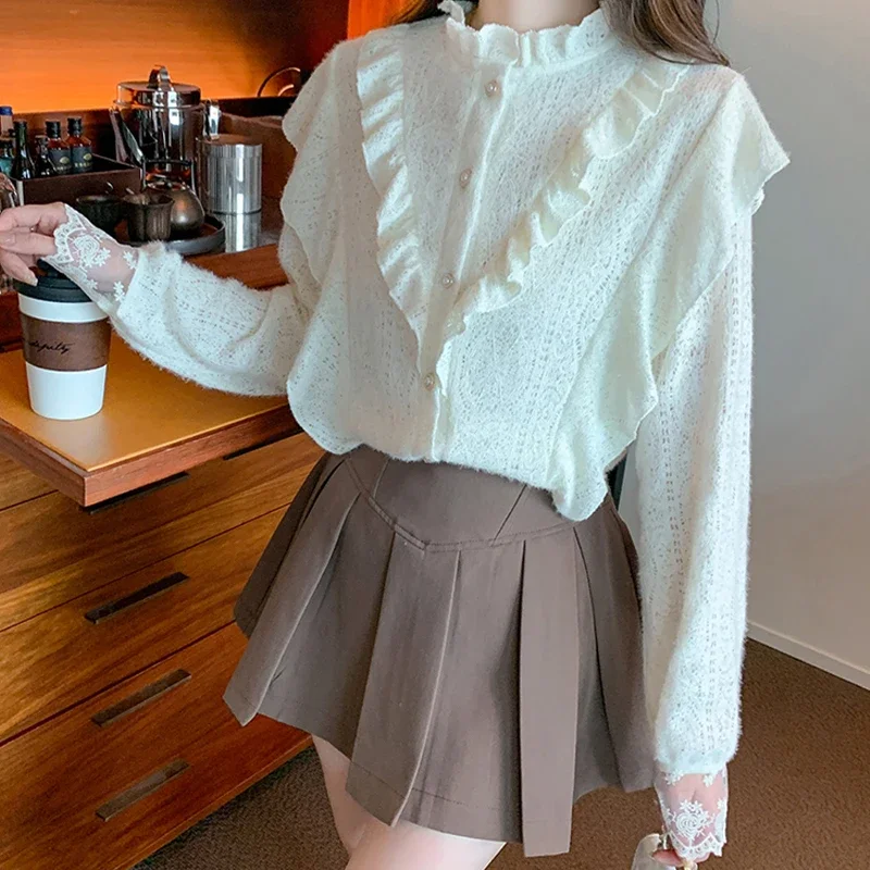 

Sweet Tops Vintage Ruffles Lace Blouse Women Autumn Long Sleeve Button Shirt Women Elegant Hollow Office Lady Shirt Blusas 29751