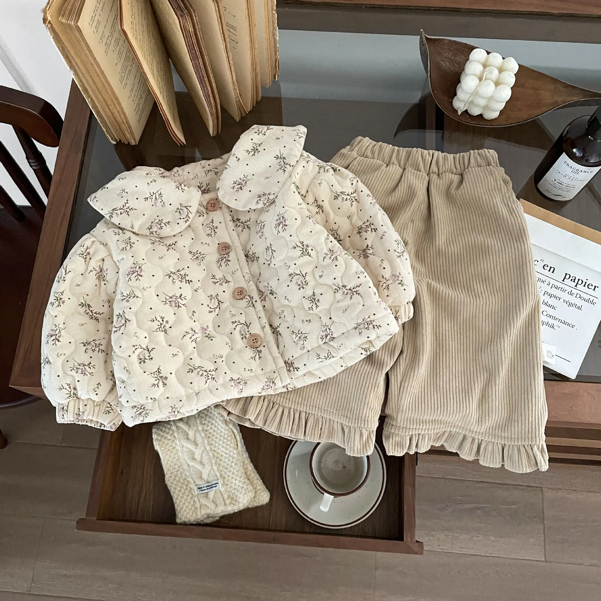 Baby Clothes Girls Doll Collar Fleece Floral Cotton Padded Jacket Winter New Girls Baby Fashion Thickened Cute Coat