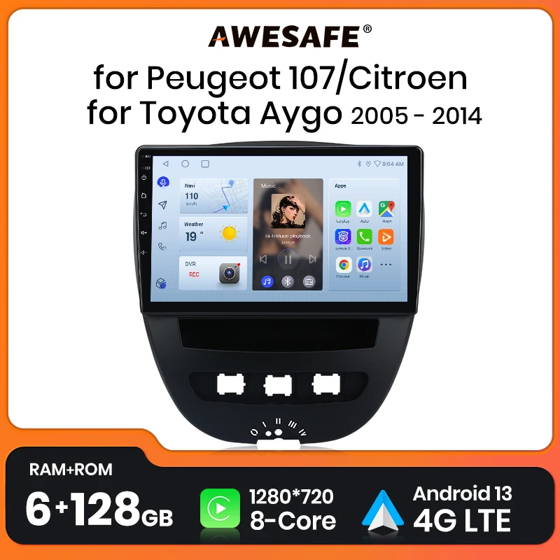 

AWESAFE Android Radio For Peugeot 107 Citroen C1 Toyota Aygo 2005 - 2014 Car Radio Multimedia CarPlay 2 din dvd 8GB+128GB
