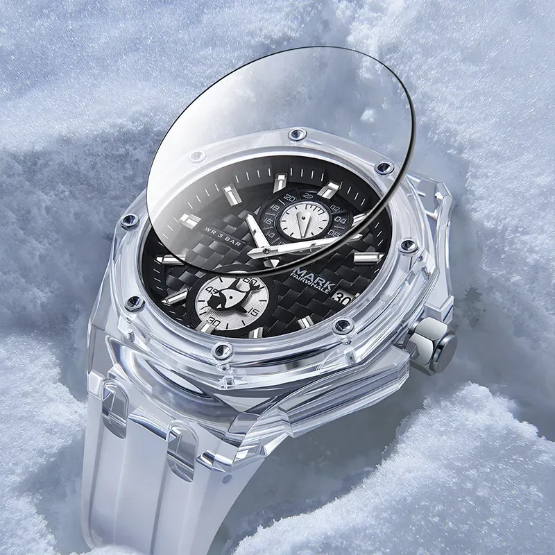 2024 Fashion Men's Watch Brand Mark Fairwhale Transparent Acrylic Quartz WristWatch Sports Silicone Strap Clock Boy Reloj Hombre
