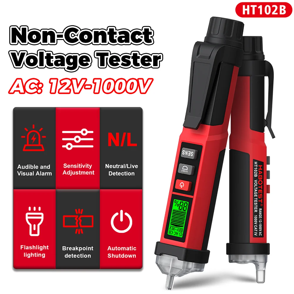 Detector de Voltaje sin Contacto HT102B 12-1000V AC, Lápiz Eléctrico de Alta/Baja Sensibilidad, Buscador Inteligente de Puntos de Ruptura