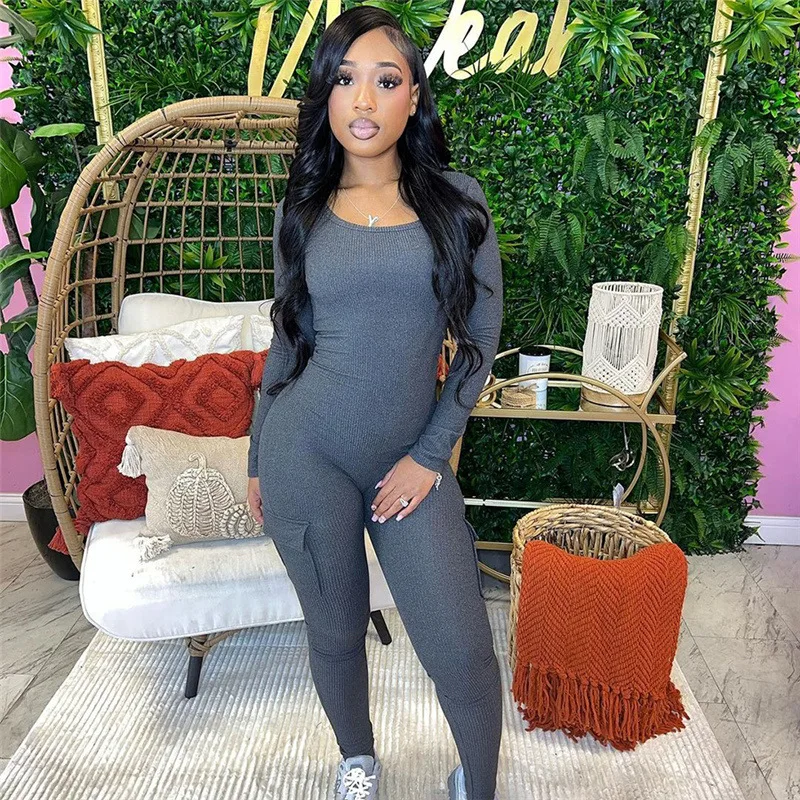 Ribbed Knitted Sporty Skinny Jumpsuits Women Autumn Solid U Neck Long Sleeve High Waist Pockets Casual Rompers Jogger Streetwear