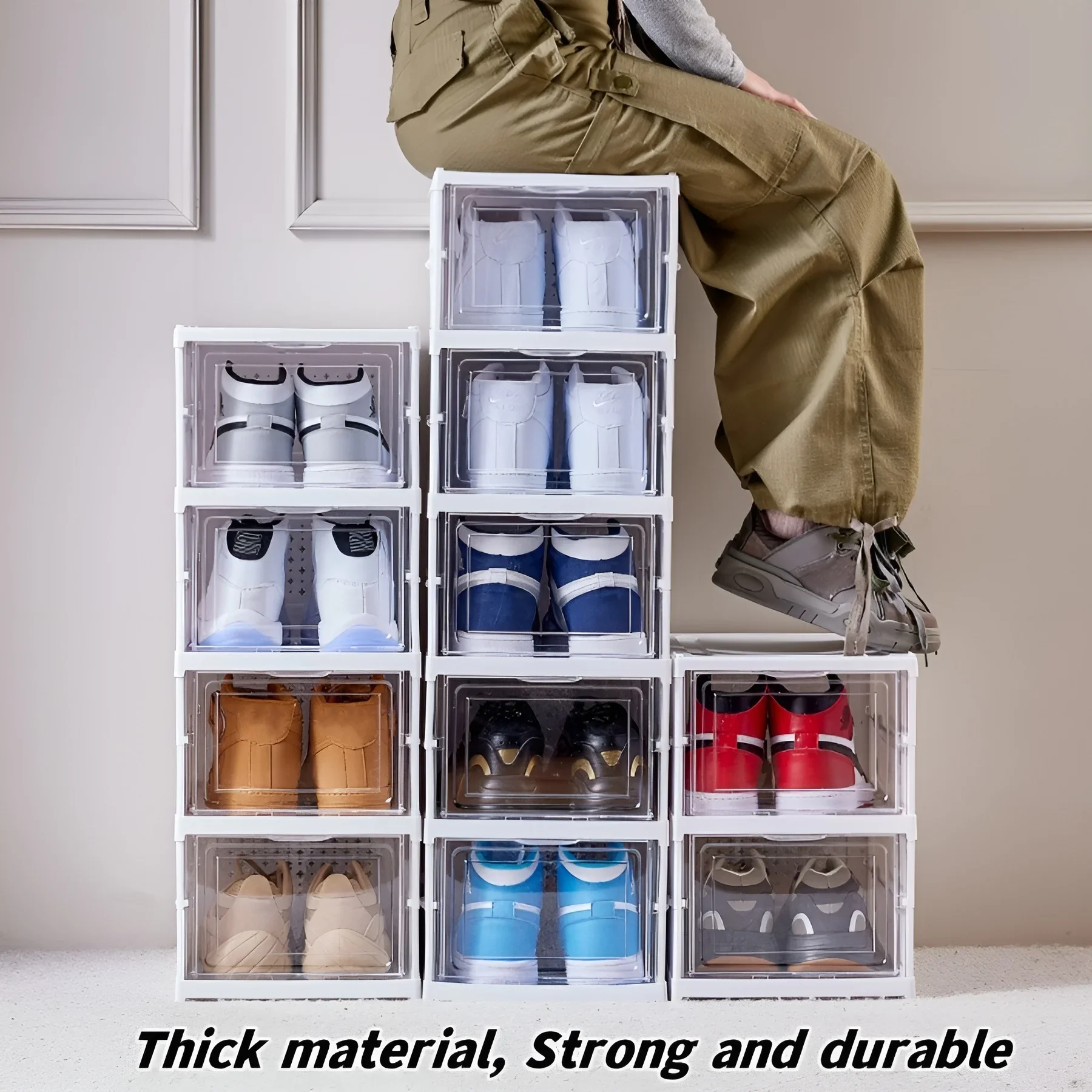 Shoes Storage Box Foldable Transparent Sneaker Shoe Organizers Cabinet Stackable Dustproof High-top Cabinet Shoe Rack Shelf 4