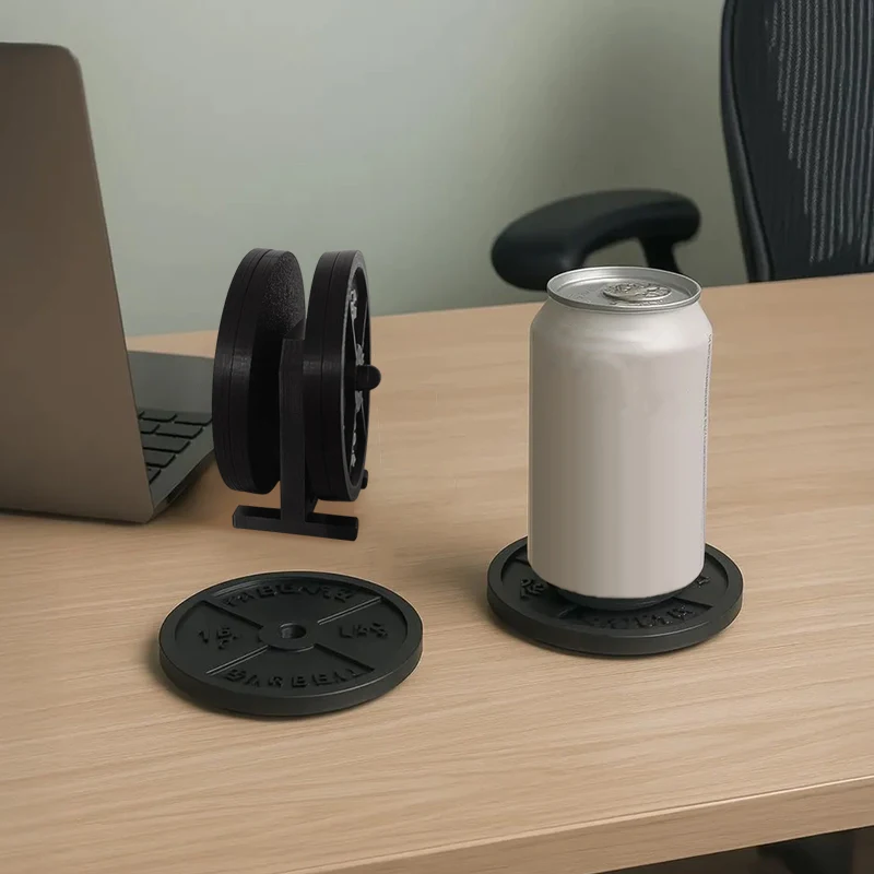 Weight Plate Coaster Set Holder Drink Coaster With Four Black Coasters For Hot Cold Drink For Bar Home Kitchens, Fitness Gyms