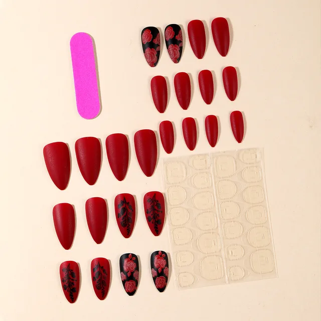 24Pcs Autumn Winter Matte Almond False Nails with Glue Rose Leaf Printing Nail Art Simple Full Cover Press on Acrylic Nails Tips 2