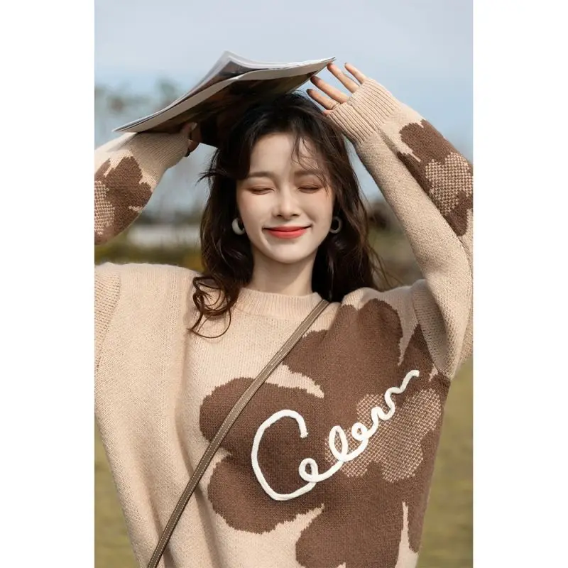 

Sweater Pullover Women 2023 Autumn and Winter O Neck Casual Long Sleeve Loose Warmth Crew Collar Print Women sweater Pullover