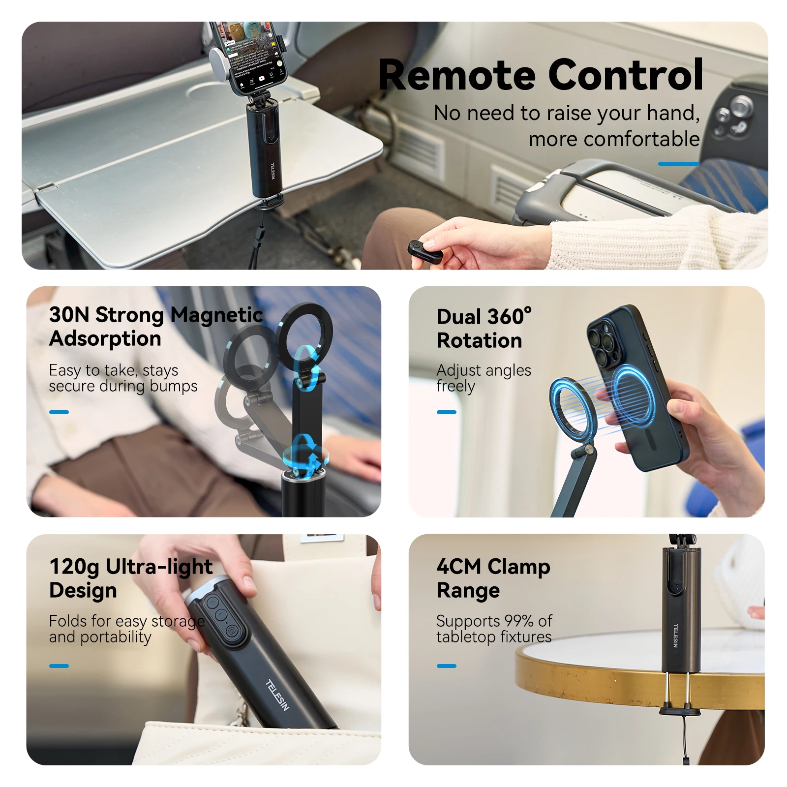 TELESIN 3 in 1 Selfie stick Phone Holder Wireless Remote Control Travel Clamp Magnetic 360&deg; rotation Holder Brackets