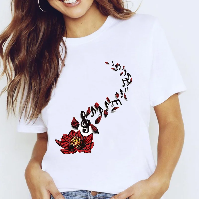 

Women T Shirt Flower Music Characters Graphic Fashion 90s Tshirts Floral Summer Femme Clothes Tops Tees Print Female T-Shirts