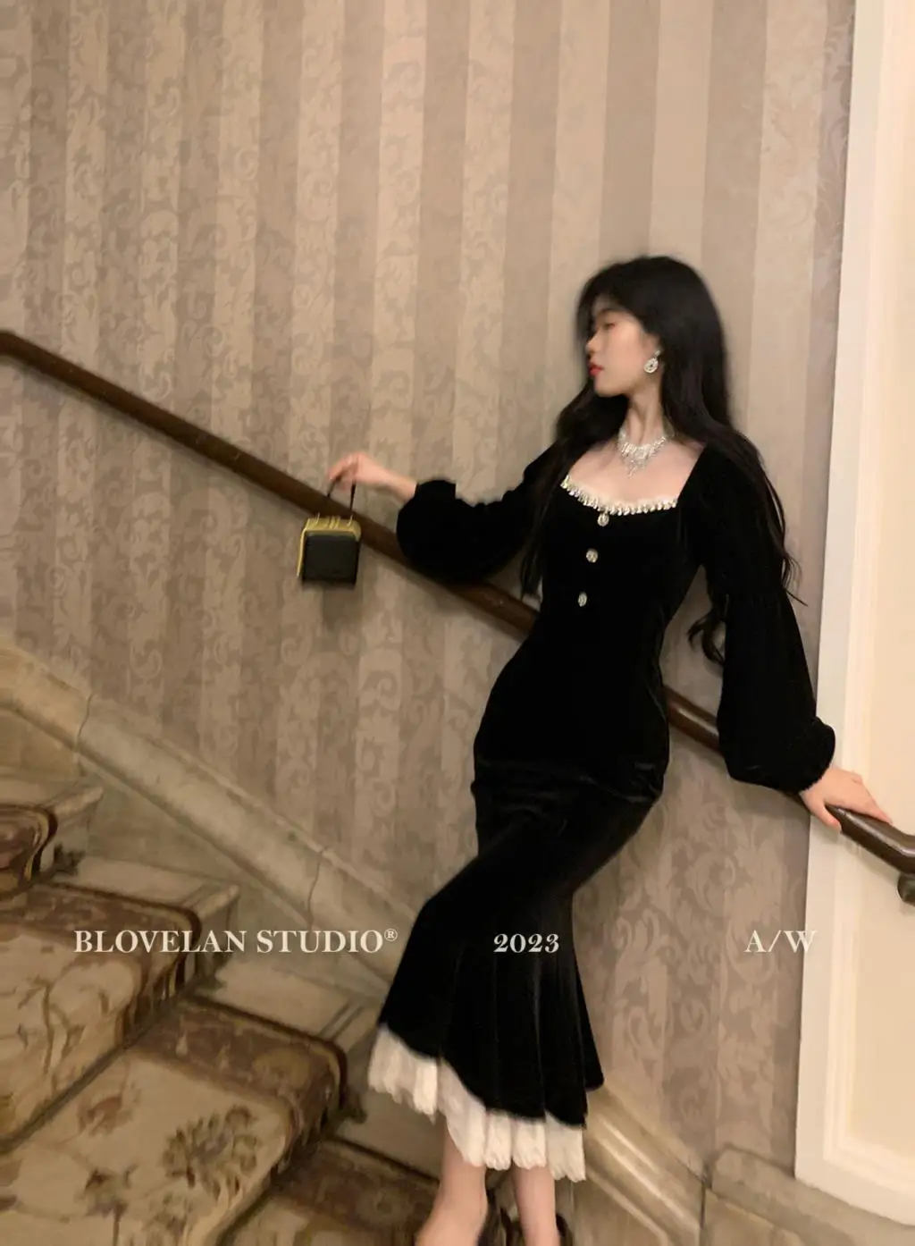 Elegant Black Velvet Midi Dresses for Women Square Collar Slim Bodycon Ruffles Patchwork Fishtail Autumn New Evening Party Dress