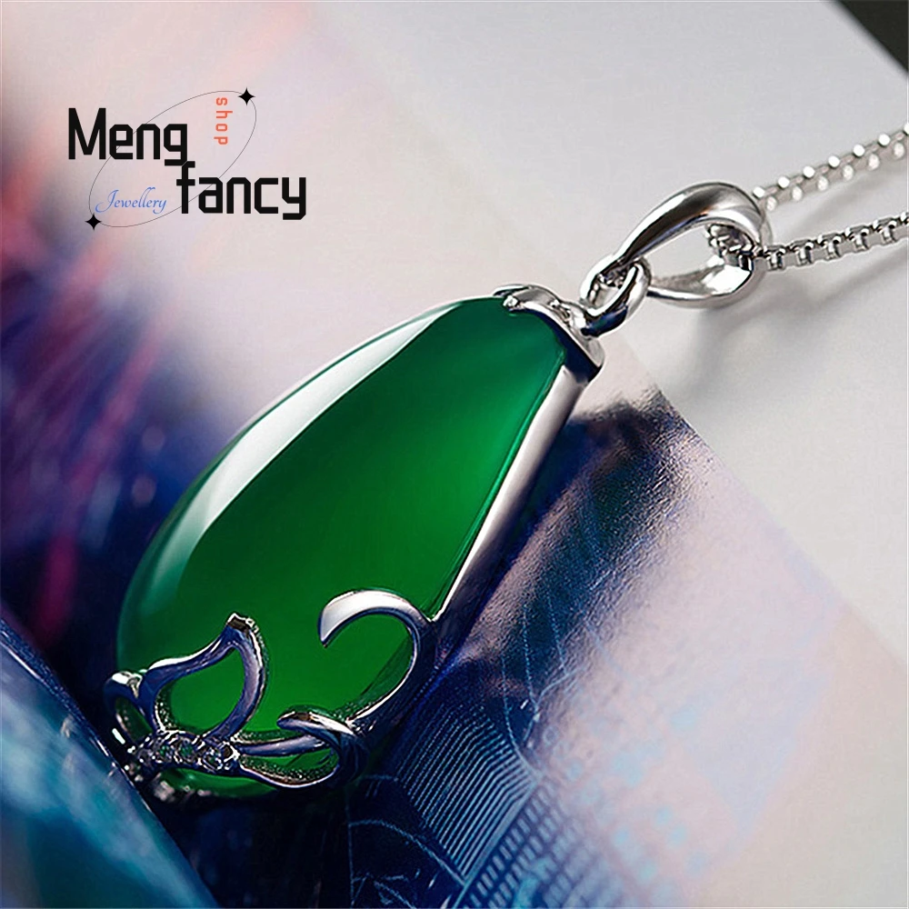 Natural Green Jade Chalcedony Water Drop Pendant 925 Silver Necklace Fashion Charms Jewelry Amulets Souvenir Women Holiday Gifts