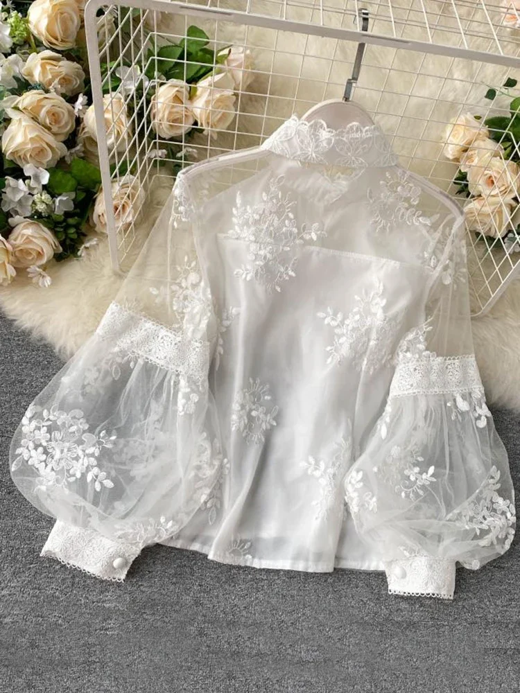 Women French Mesh Lace Blouse Stand Collar Three-dimensional Embroidered Puff Sleeves Court Style Slim Shirt Female Blusa PL610
