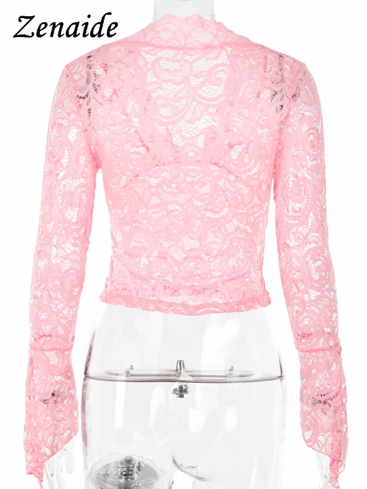 Zenaide See Through V Neck Long Sleeve T Shirt Lace Skinny