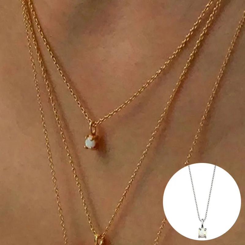 

100% 925 Sterling Silver Opal Geometric Necklace for Women Girl Simple Round Fine Chain Design Jewelry Party Gift Dropshipping