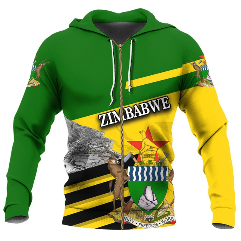 Sudadera con capucha y estampado de mapa y bandera de Zimbabue, sudadera con capucha y cremallera con emblema nacional para hombre, sudadera con capucha de África, jerséis casuales para hombre, camise