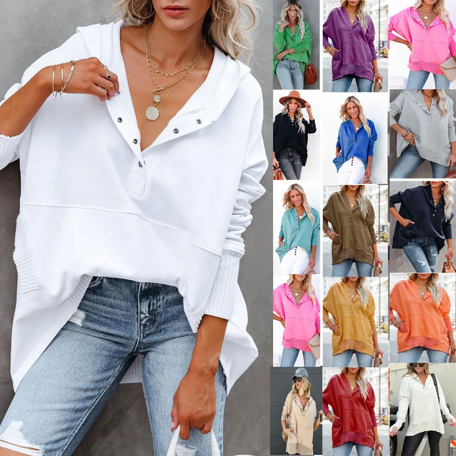 V-Neck Hooded Multi-Colored Bat-Sleeved Sweatshirt Loose Threaded Panels Top For Women