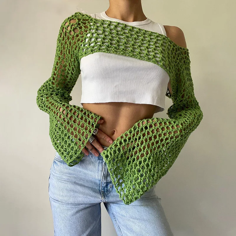 2023 Green Long Sleeve Smock Knitted Crop Top Women Y2k Summer Beach ...