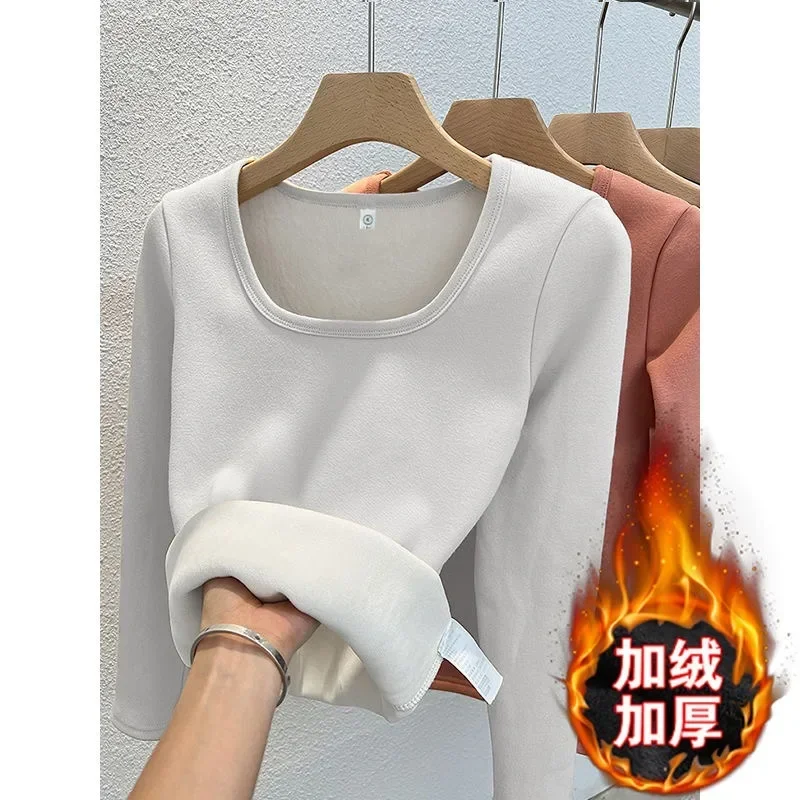 Ropa interior térmica de invierno para mujer, Tops con cuello cuadrado, jersey básico de lana, Top de cuello redondo, camisa térmica informal para mujer