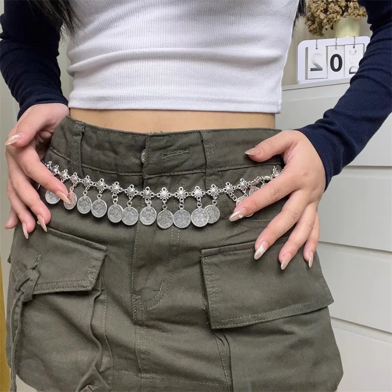 Neue böhmische lange Münze Anhänger Taille Kette Damen Retro Ethno-Stil Metall Mode Gürtel