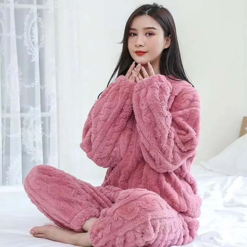 

2023 autumn Warm Comfortable Pajamas For Women Winter Long Sleeved Velvet Home wear Heating 2 piece Set suit solid Plush light