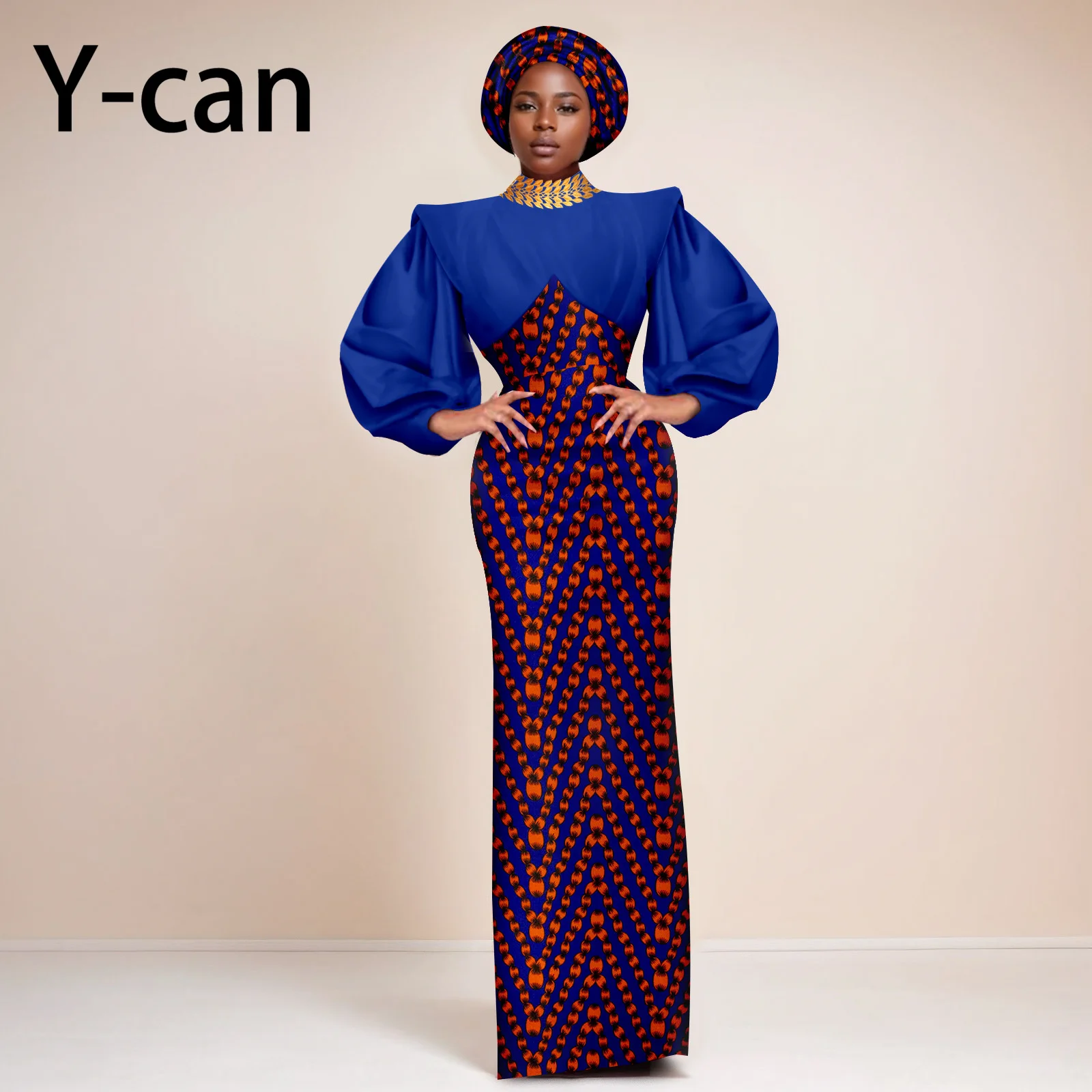 African Dresses for Women 2024 New Ankara Print  High Waist Slim Fit Women Wedding Dress Match Headwrap Vintage Vestido 2425160