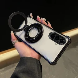 Magnetic Plating Transparent Silicone Shockproof Phone Case with Stand Holder - Samsung A34 (Black)