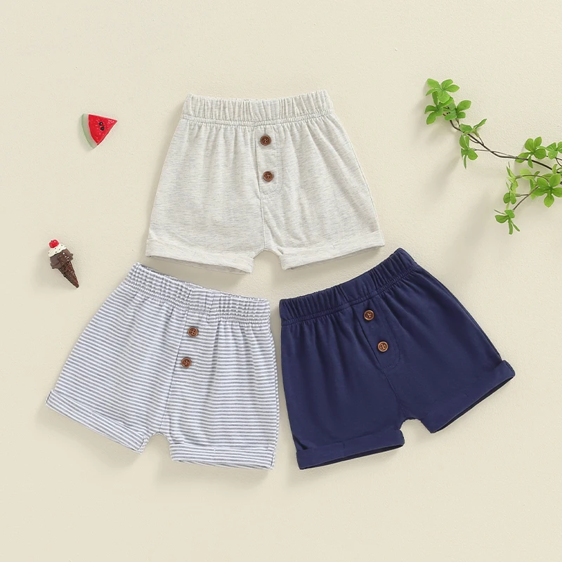Kids Toddler Boy Summer Shorts Elastic Band Solid Color Striped Casual Button Shorts