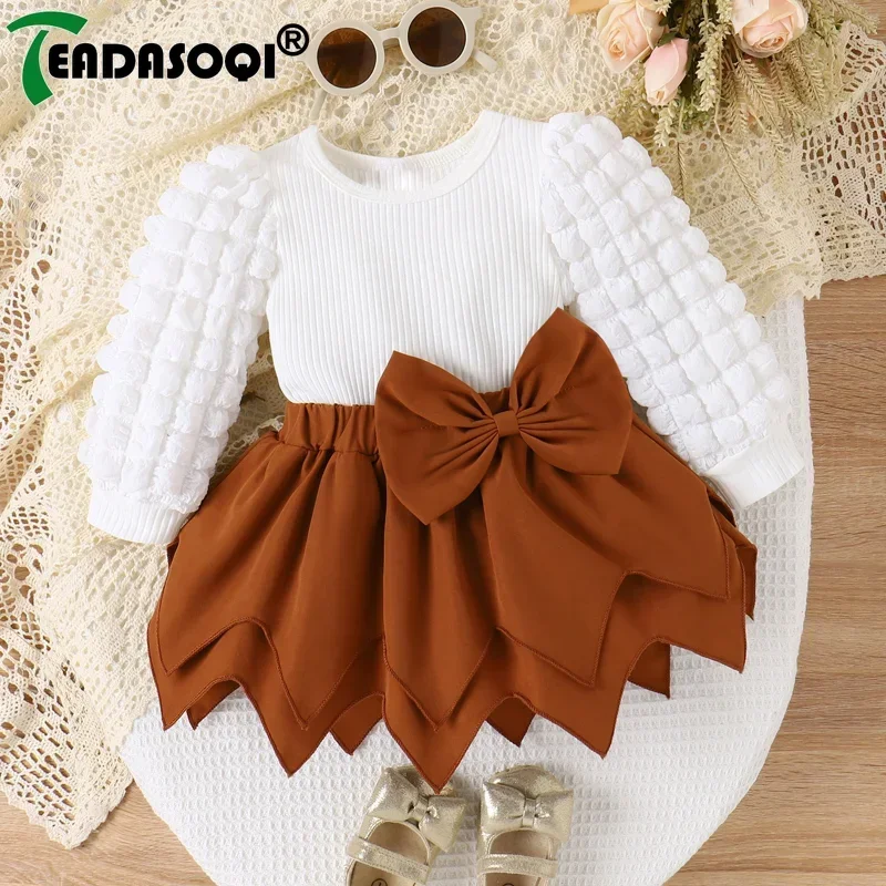 

3-24M Newborn Baby Girl Clothes Sets Plaid Bubble Pit Long Sleeve Tops+Bowknot Layered Short Skirt 2Pcs Sets Kids Girls Outfits