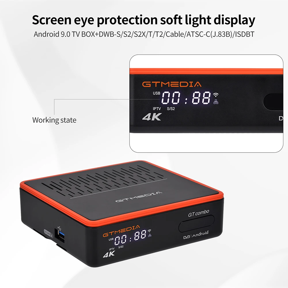 GTMEDIA GT COMBO Android 9.0 TV BOX+DVB-S/S2/S2X,DVB+T/T2/Cable/ATSC-C(J.83B)/ISDBT 4K Android BOX 4:2:2 2+16GB System is GT UI