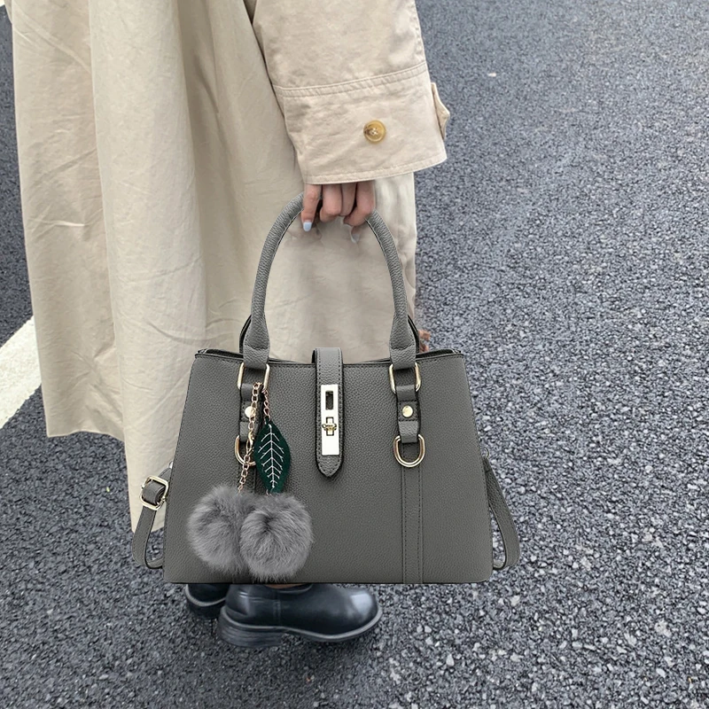 Retro Solid Color Handbag for Women, Everyday Shoulder Bag, Secure Travel Purses, Trendy Crossbody Bag with Pendant Furball