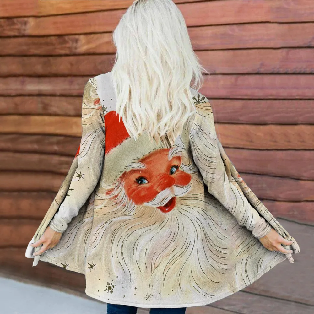 Spring and Autumn Long Sleeve Jacket Women's Casual Scarf Collar Retro Jacket Cardigan Christmas Santa Claus Printed Windbreaker