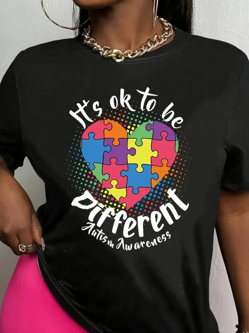 

2024 Four Season T Shirt It's Ok To Be Puble Heart Print T-Shirt Crew Neck Short Sleeve Harajuku Street Casual Women's Clothing