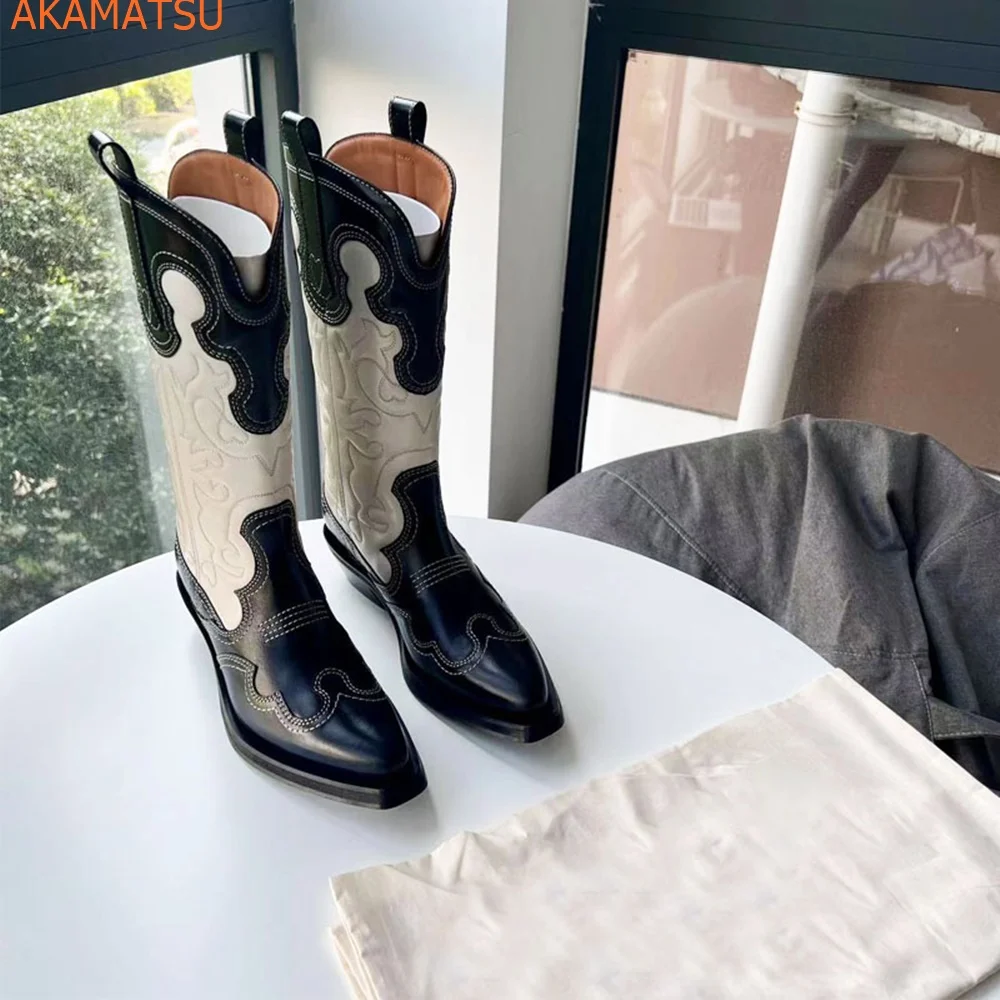 Square Heel Embroidery Women Boots Pointed Toe Mixed Color Knee High Modern Boots Slip On Summer New Arrivals Fashion Women Shoe