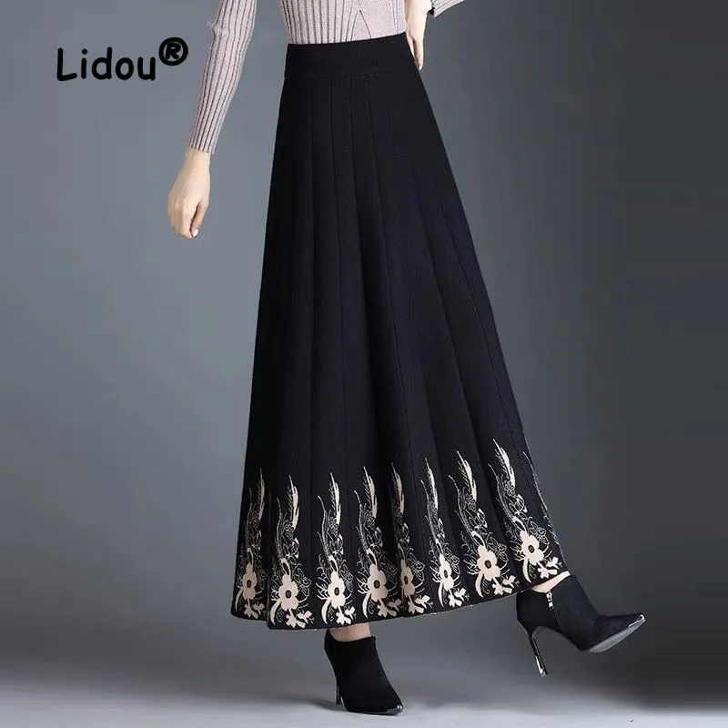 Printed A-line Half Length Skirt for Women's Mid Length New High Waist Woolen Knitted Design Large Swing Umbrella Skirt 2023