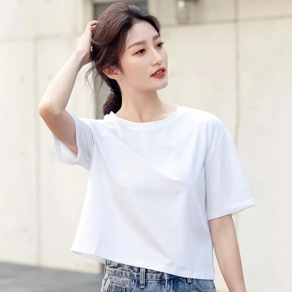 Description Picture 5 of itemIns Fashion U Neck Ultra Short T-Shirt Solid Color Korean Style Korean Short Tops Loose Basic T-shirt Black White Crop Top Dance