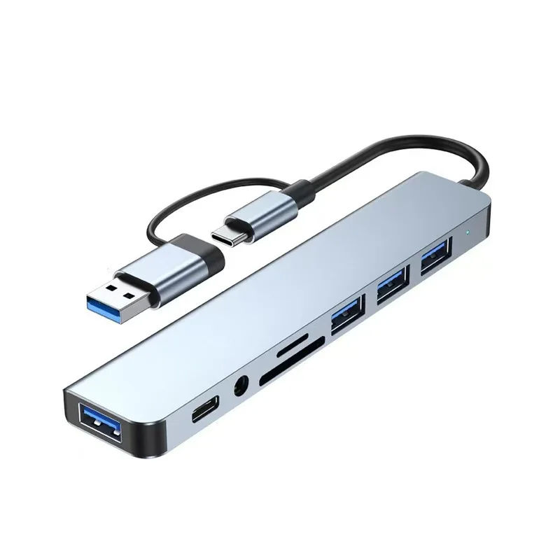 Hub USB C 8 en 1 con 4 puertos USB, 1 puerto USB-C, lector de tarjetas TF/SD, salida de audio de 3.5 mm para MacBook Pro, iPad Pro, iPhone 15 y portátiles.