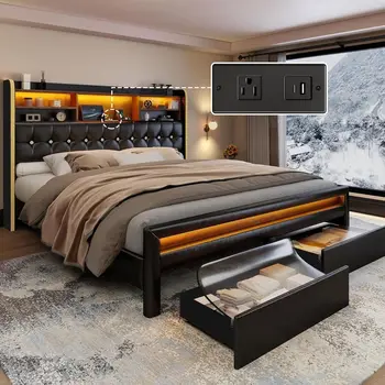 Queen Bed with Storage, Bookcase, Desks, 52 LED TV Bed, Grey Linen Wingback Bed with Footboard 1